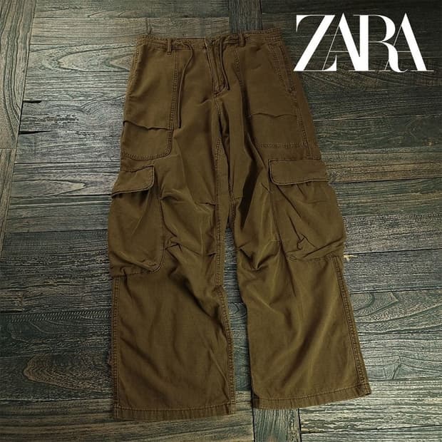 [자라] 빈티지 가공 와이드 카고 팬츠 카키 M19635