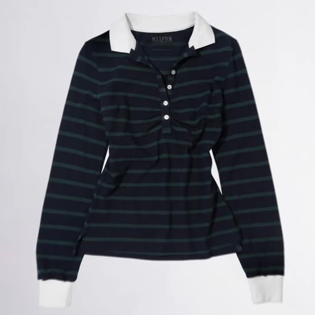 Shirring Tennis Shirt Navy/Green Stripe