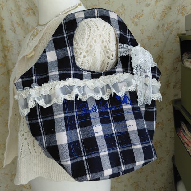 [일본빈티지 리폼] 체크무늬 레이스 장식 토트백 모리걸가방
