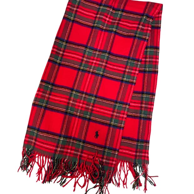 빈티지 90s 랄프로렌 숄 울 머플러 타탄체크 레드 OS