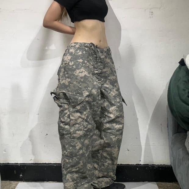빈티지 카키 미군 밀리터리 와이드 카고 팬츠 