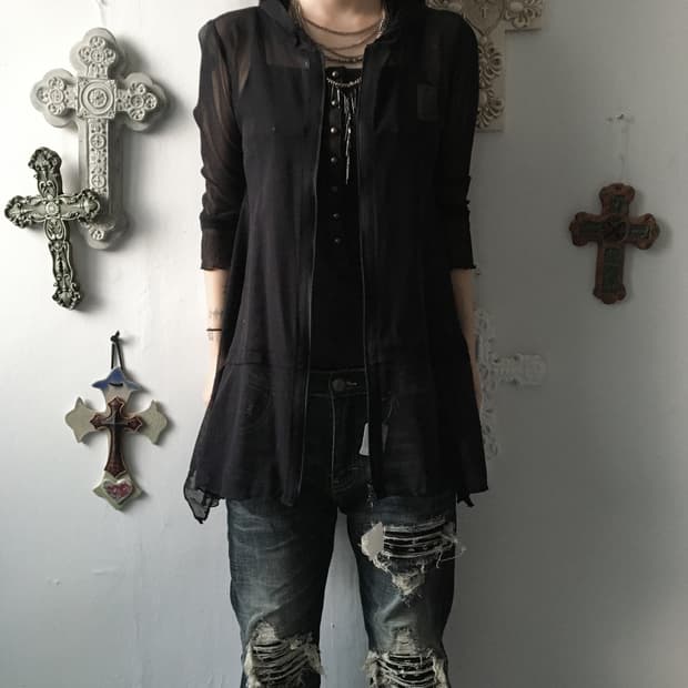 Unbalanced see through hood mesh zip up