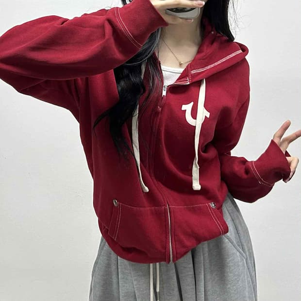 트루릴리젼 버건디 리벳 대장급 스웻 후드집업 희귀져지(L)