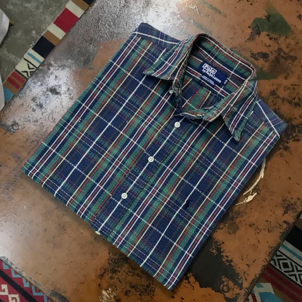 90s 폴로랄프로렌 네이비 그린 마드라스 체크 시어서커 셔츠 남성 110