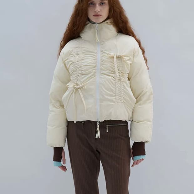 파르티멘토 우먼 리버시블 셔링 후디드 푸퍼 자켓 리본패딩