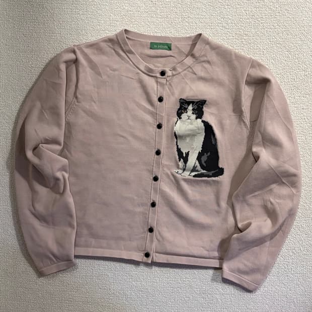 일본빈티지 하구미 모리걸 핑크 고양이 니트가디건