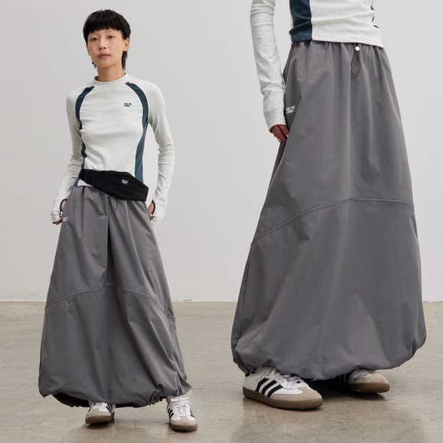 크라잉센터 실버 그레이 반사 스포티 튤립 맥시 스커트 와이드 스커트 치마