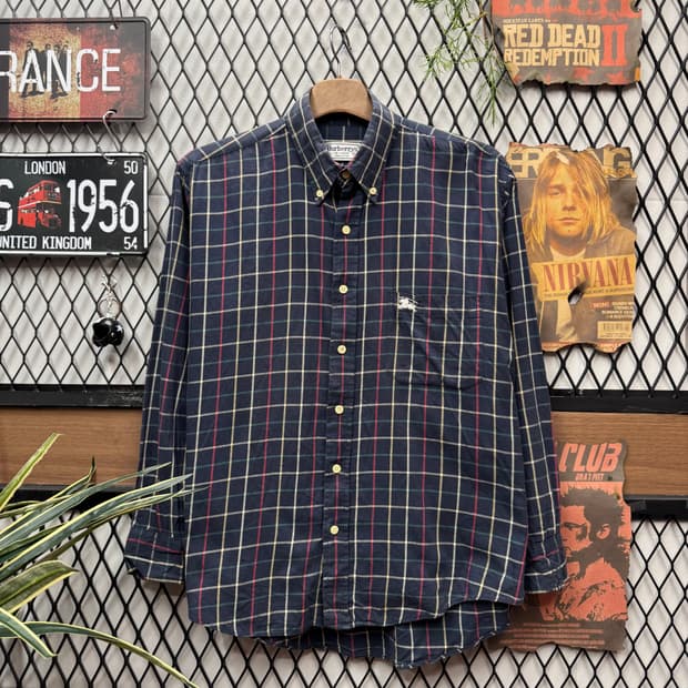 90s 버버리 스트라이프 긴팔 셔츠 전면 원포켓 포인트 네이비 그레이
