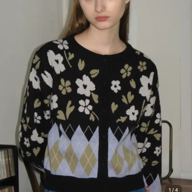 시눈  플로랄 자가드 가디건 블랙