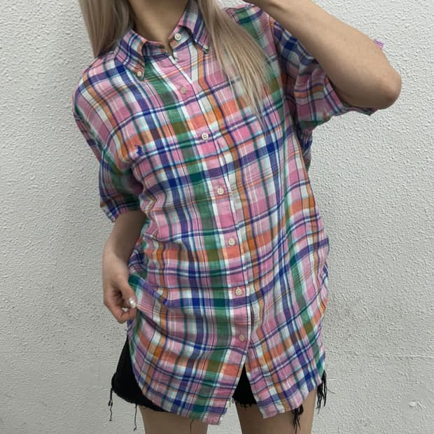 폴로 랄프로렌 블루포니 타탄체크 린넨 반팔 셔츠 M