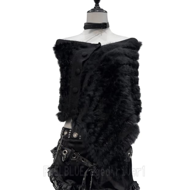 Black Rabbit Fur Trimming Knit Cape