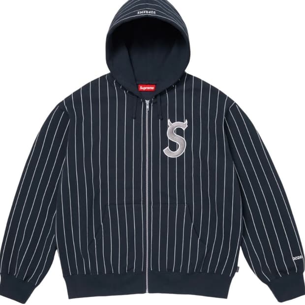슈프림 데빌 S로고 집업 후드 스트라이프 네이비