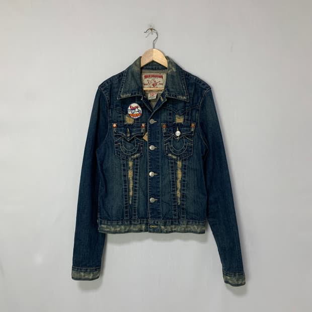 트루릴리젼 빈티지 데미지 패치 데님 중청 청자켓 M y2k