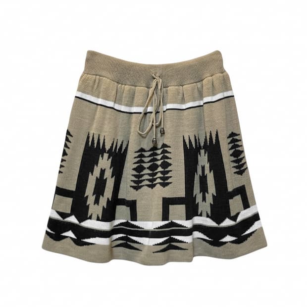 JPN VINTAGE 니트 스커트 아즈텍 패턴 허리 스트링 디테일 베이지