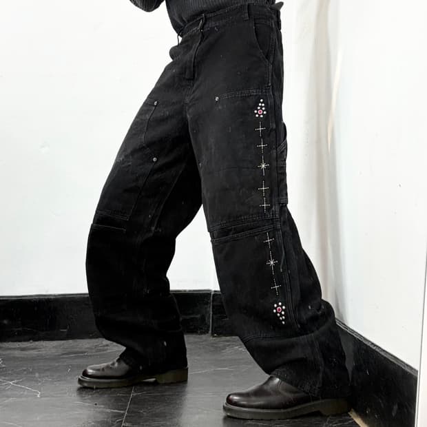 아오이로 페이크 스터드 더블니 팬츠