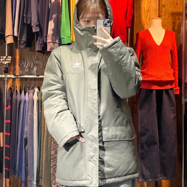 L 아디다스 파이어버드 오리지널 트레포일 후드 카키 미들 패딩