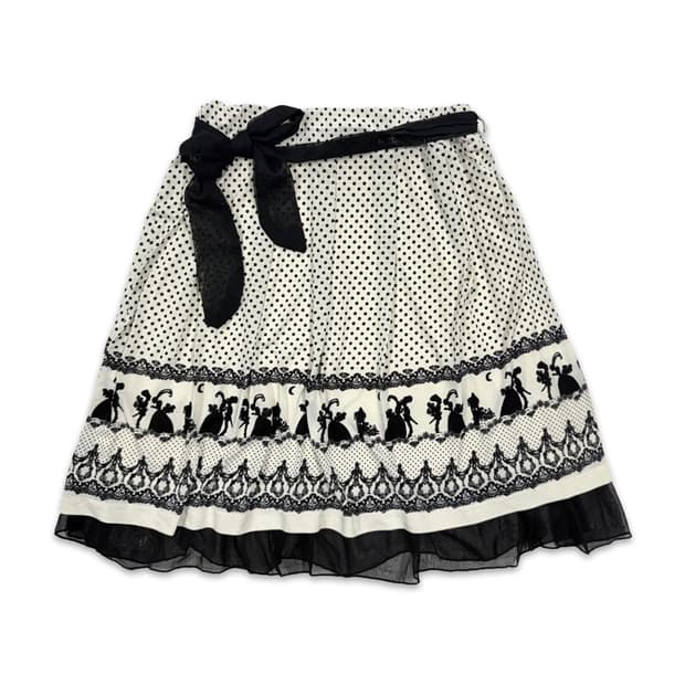 빈티지 화이트블랙 도트 플레어 미디 스커트
