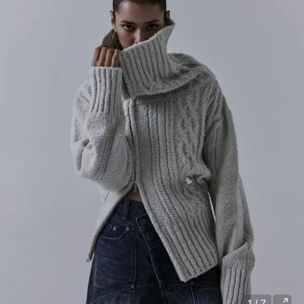 트리밍버드 투웨이 언발란스 오프숄더 니트 집업 그레이 