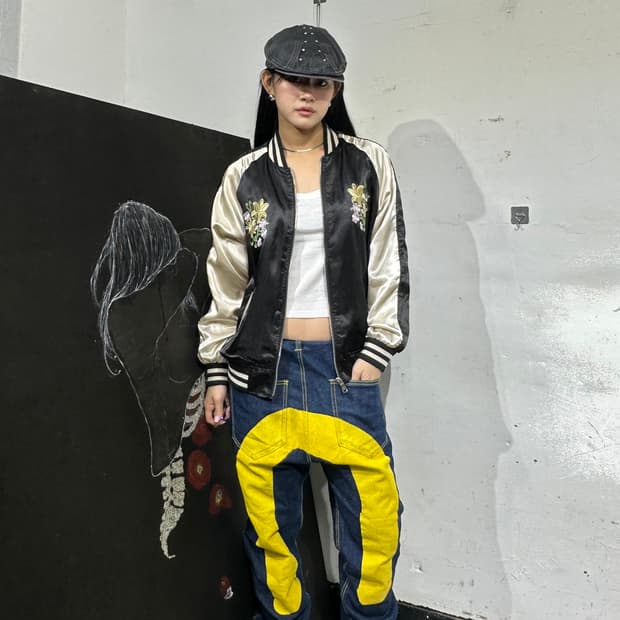 Jpn 일본빈티지 오리엔탈 블랙 꽃 스카잔 자켓