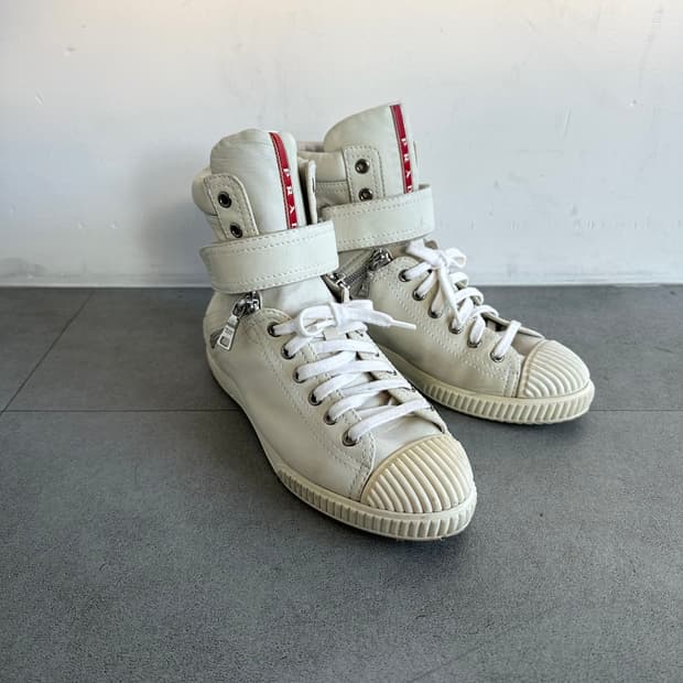 프라다 스포츠 더블 지퍼 아이보리 레더 하이탑