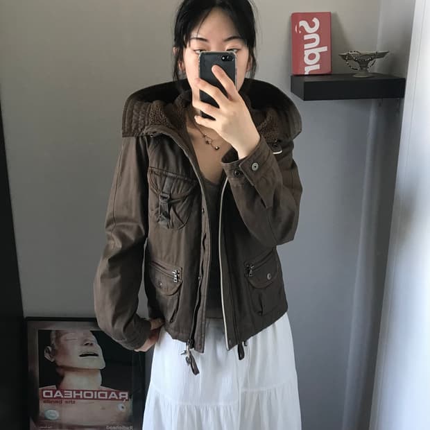 푸부 올드스쿨 포켓 브라운 누빔 후드 자켓