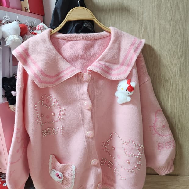 헬로키티 핑크 진주 세일러 가디건