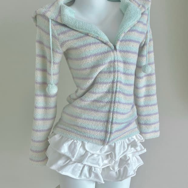 소다 코튼캔티 파스텔 폼폼이 스트라이프 후드집업 헤이세이 갸루 룸웨어