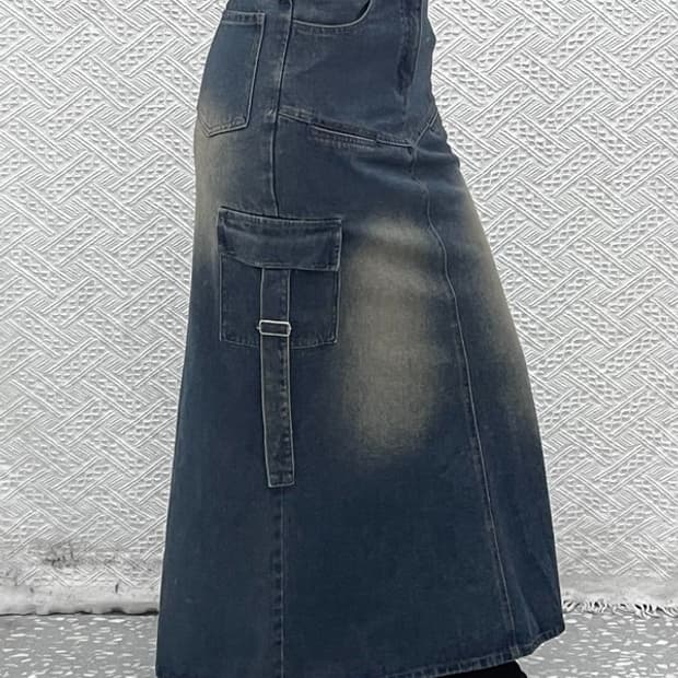 빈티지 올드스쿨 스트릿 힙합 워싱 카고 데님 롱스커트 M C10287