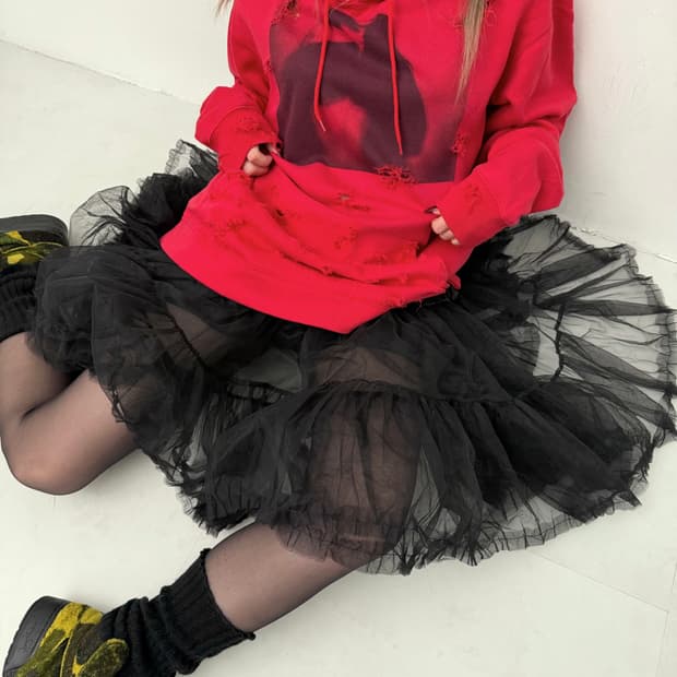 레드 디스트레스 오버핏 후드티 