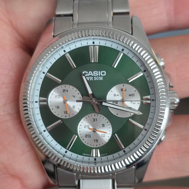 카시오 CASIO 멀티 펑션 데이 데이트 쿨 그린 스테인리스 쿼츠시계