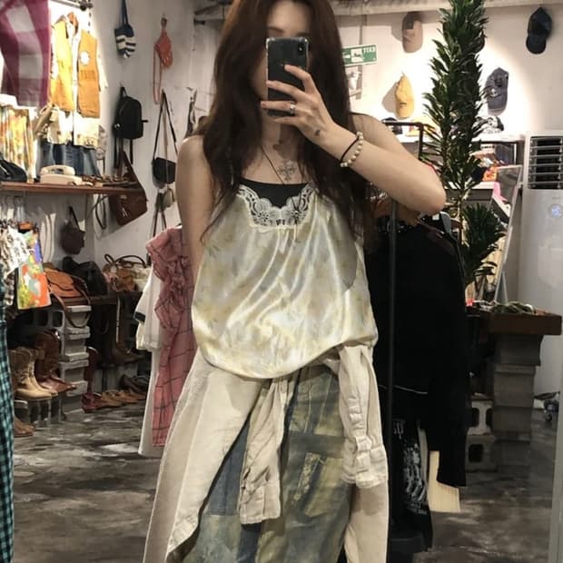 [2979]Pastel yellow lace satin camisole 