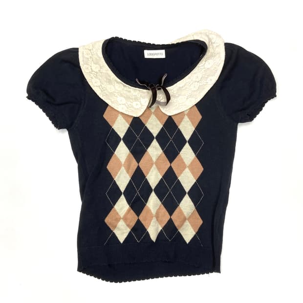 일본빈티지 아가일 반팔 니트 탑