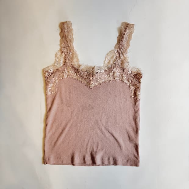 Pink Beige Lace-Strap Ribbed Tank Top 