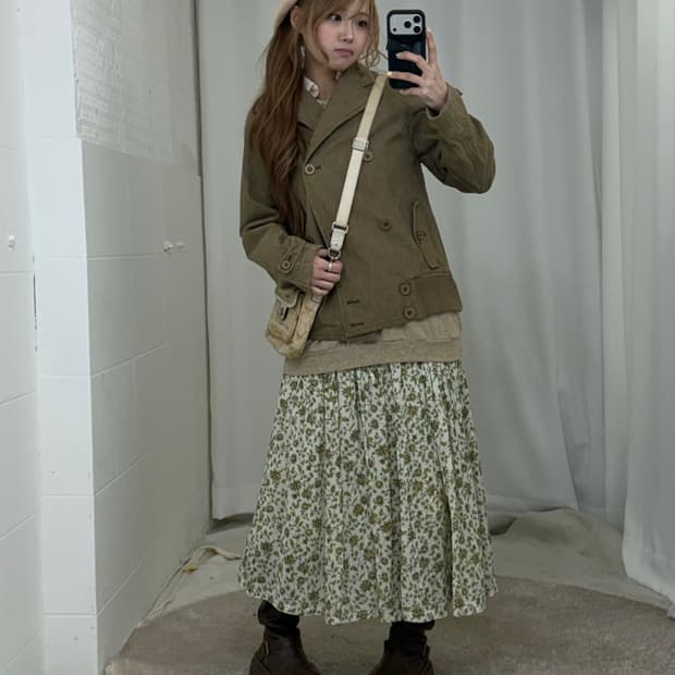 카키 하구미 모리걸 잔꽃 더블버튼자켓 코디세트