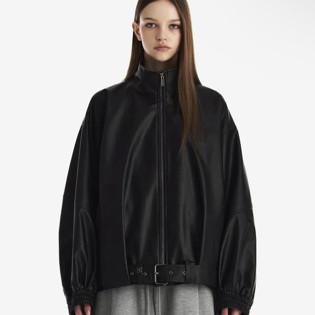 트리밍버드 벨트 오버사이즈 레더 블루종 자켓