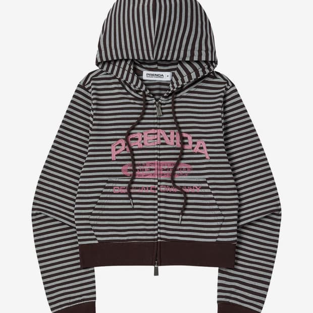 프렌다 STRIPE CROP HOOD ZIP-UP BROWN 