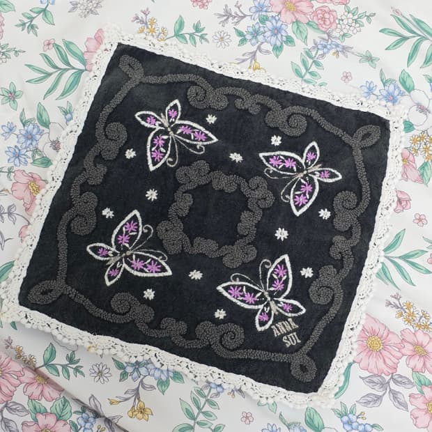 안나수이 일본빈티지 손수건)블랙 오네갸루 버터플라이 나비자수 레이스