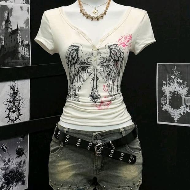 빈티지 펑크 하라주쿠 y2k 브이넥 버클 반팔