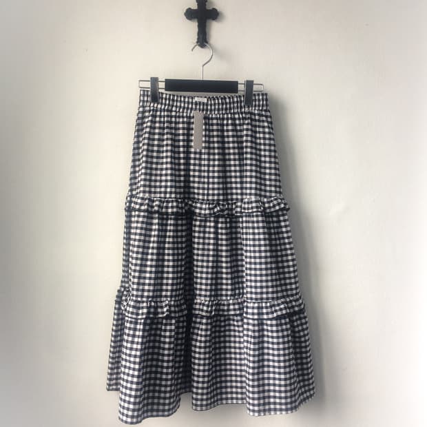 Frill layer check pattern long skirt