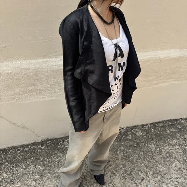 DKNY Black Collarless Draped Jacket