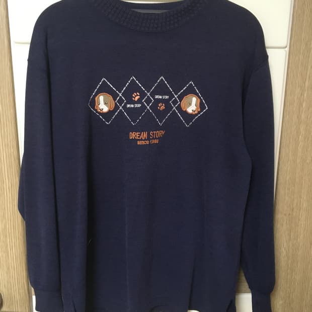 빈티지 강아지 자수 남색 니트