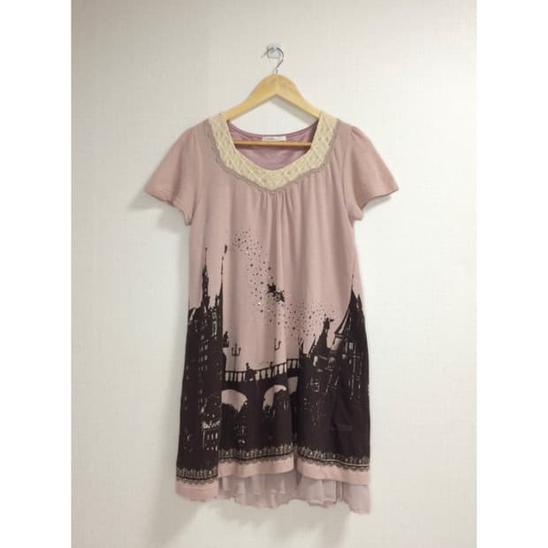 axes femme 엑시즈팜 핑크 프린팅 레이스 반팔 원피스 튜닉