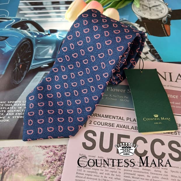 카운테스 마라 실크 네이비 패턴 넥타이 8.3cm 새제품 A18933
