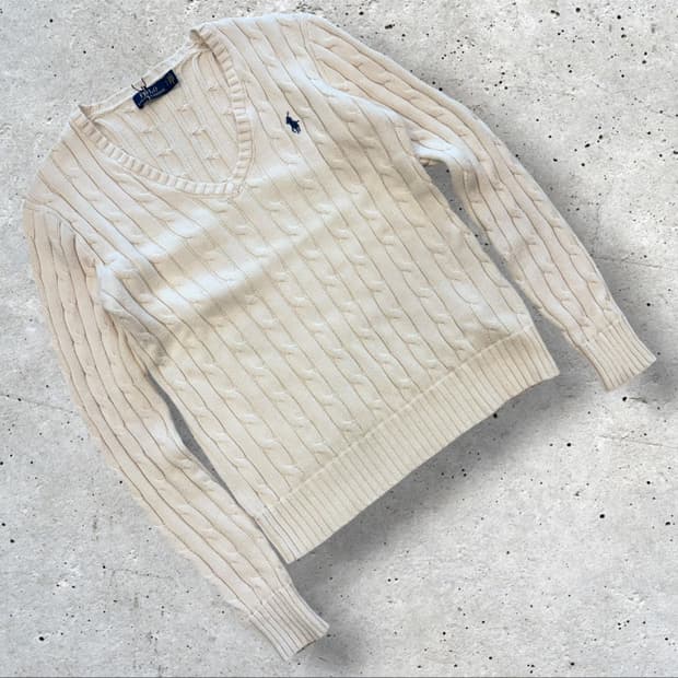 [S] 폴로 랄프로렌 브이넥 아이보리 케이블 니트 스웨터 D672