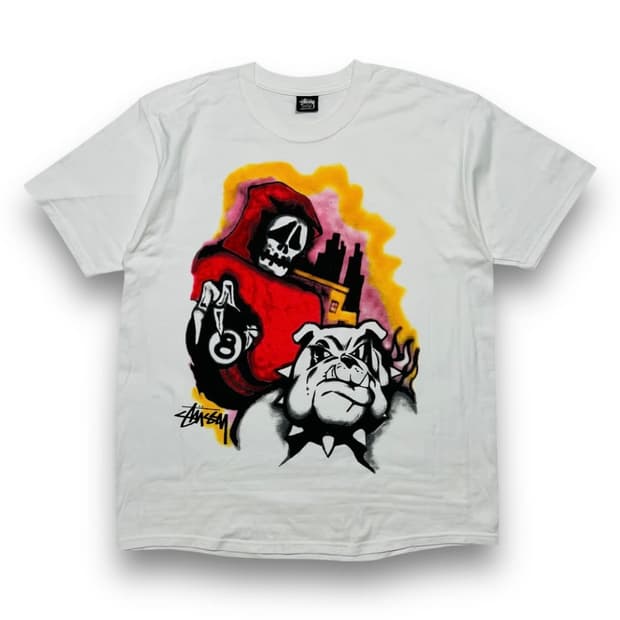 스투시 리퍼 8볼 불독 그래피티 아트 화이트 티셔츠