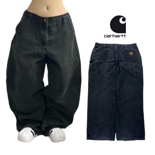 칼하트 OG 가죽패치 카펜터 덕캔버스 와이드 워크팬츠 블랙