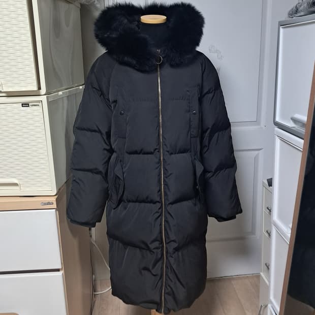 GGPX 블랙 모피퍼 덕다운 롱패딩 S(55~66)