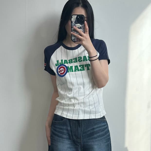 MLB 나그랑배색 스트라이프 반팔 티셔츠