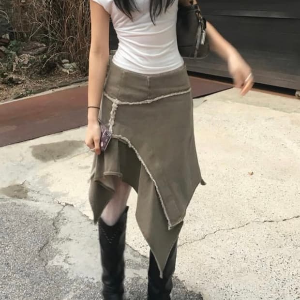 글로니 그런지 데님 스커트 카키 브라운 S