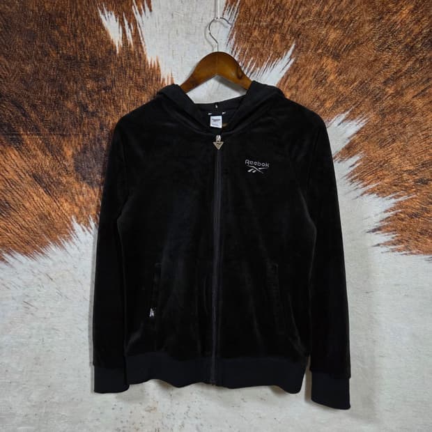 리복 벨벳 블랙 실버 자수 후드집업